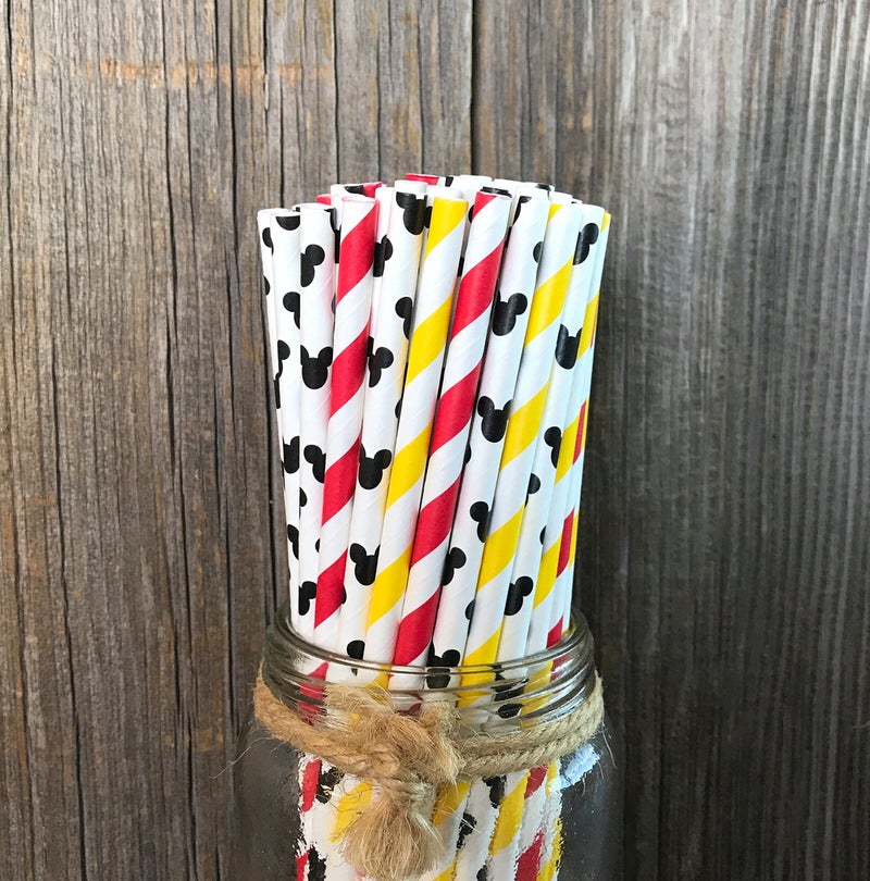 Outside the Box Papers Mickey Mouse Inspired and Stripe Paper Straws - Red Black Yellow White - 100 Pack - Outside the Box Papers Brand - Image 2